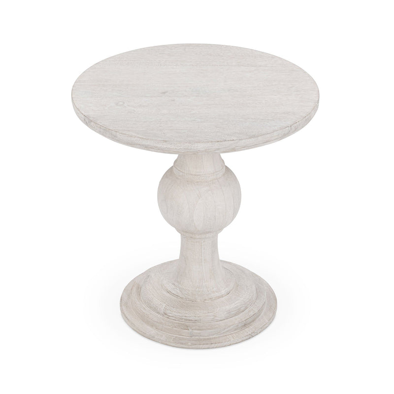 Creamwood round pedestal table, front view of top and base