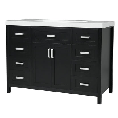 Black bathroom vanity with sink top and two doors, featuring multiple drawers with silver pulls.