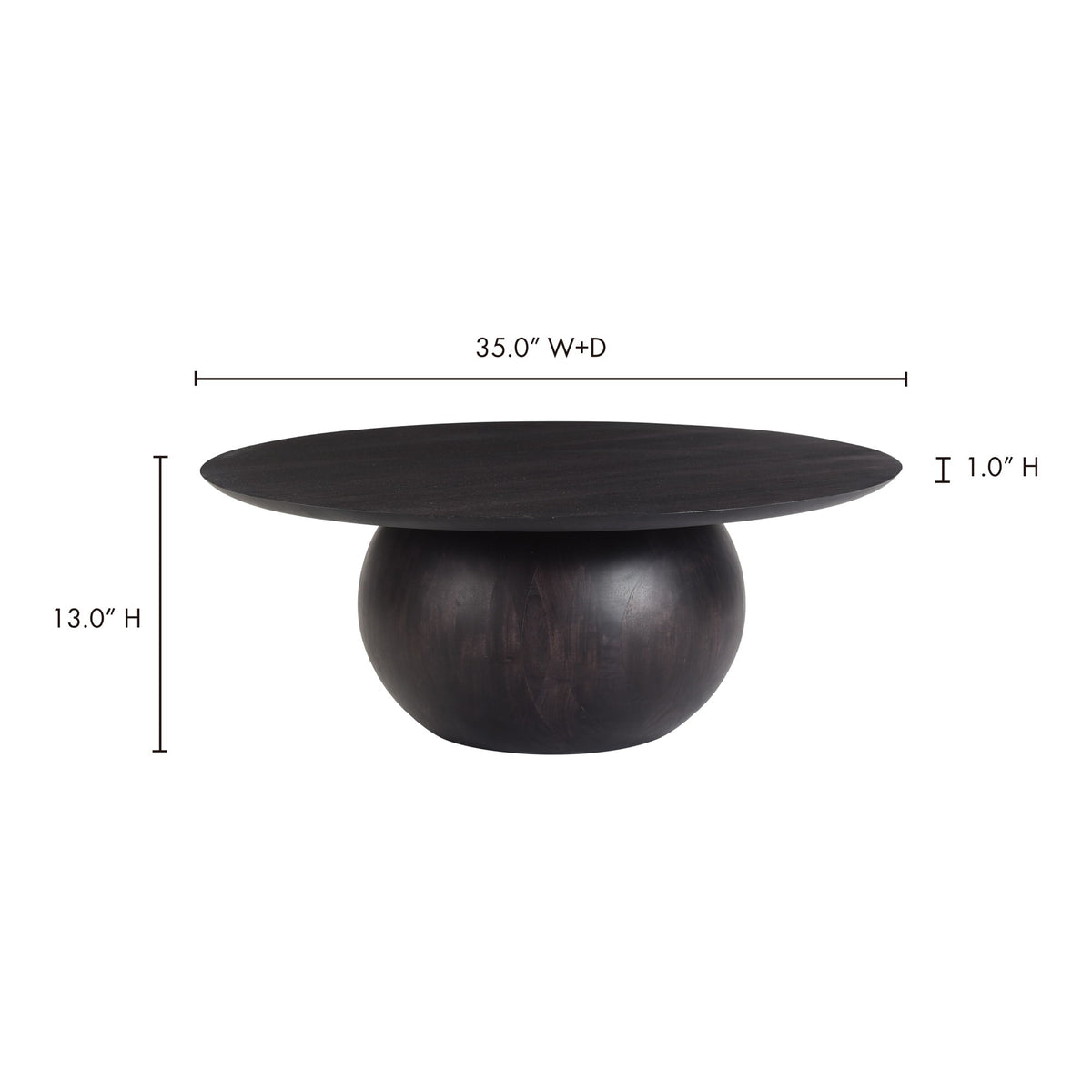 Blackened acacia round coffee table: 35 in W+D, 13 in H, 1 in top