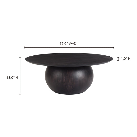Blackened acacia round coffee table: 35 in W+D, 13 in H, 1 in top