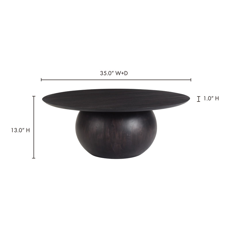 Blackened acacia round coffee table: 35 in W+D, 13 in H, 1 in top