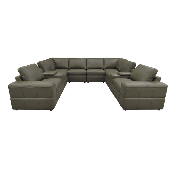 Modular U-shaped sectional sofa with large square arms, dark green upholstery and multiple seats.