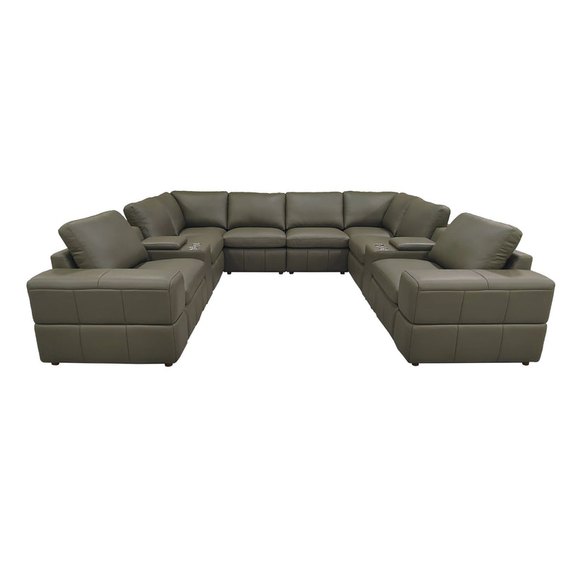 Modular U-shaped sectional sofa with large square arms, dark green upholstery and multiple seats.