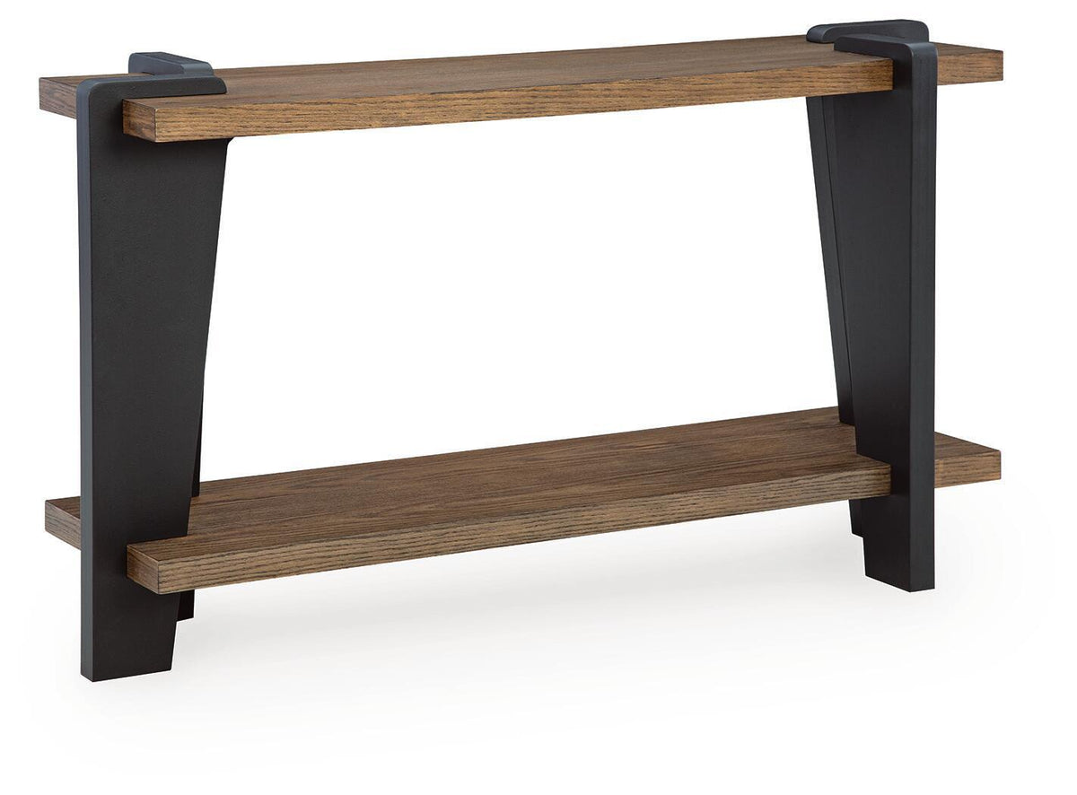 Rectangular sofa table with dark wood top, black legs, and lower shelf frame