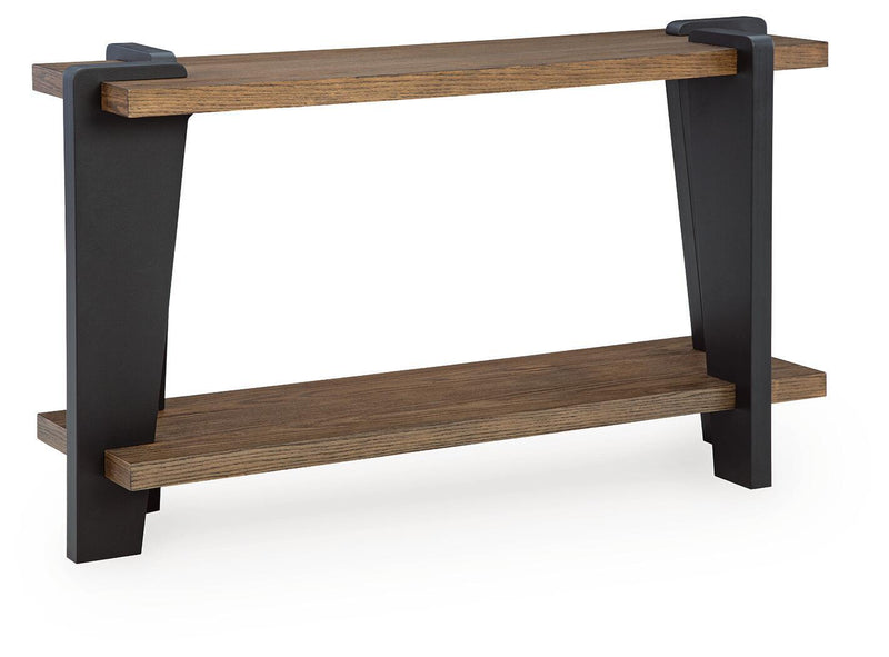 Rectangular sofa table with dark wood top, black legs, and lower shelf frame