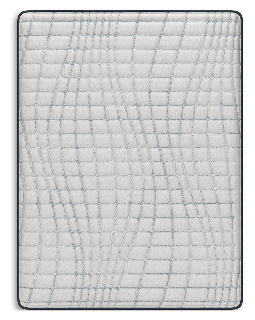 White hybrid mattress top with quilted grid stitching and blue piping edge.