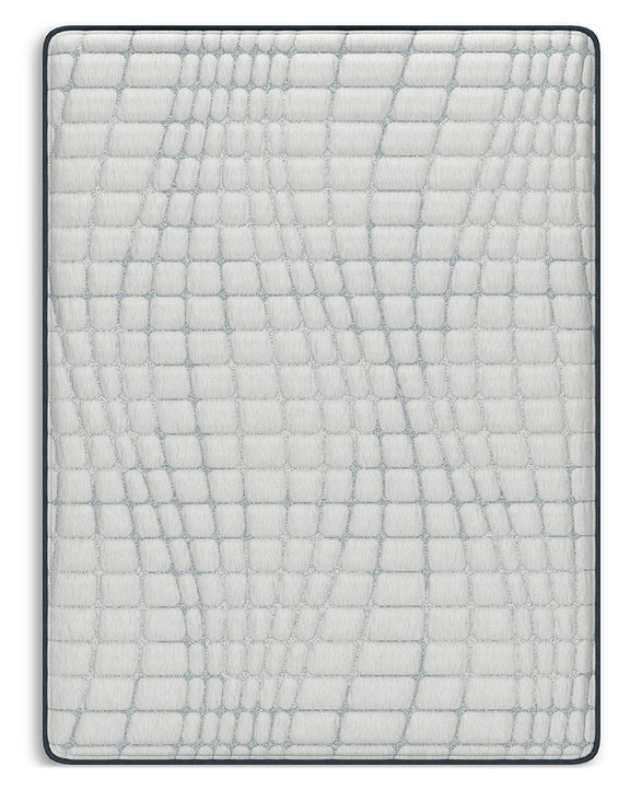 White hybrid mattress top with quilted grid stitching and blue piping edge.