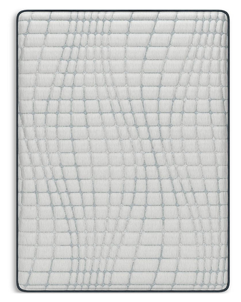 White hybrid mattress top with quilted grid stitching and blue piping edge.