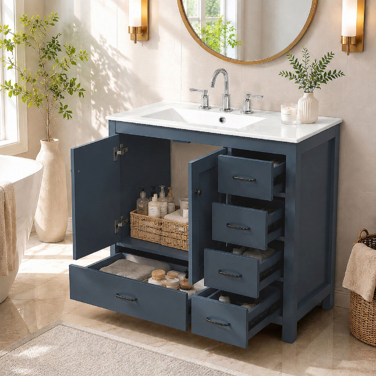 Bathroom Vanity With Sink Combo, 2 Soft Close Doors And 5 Drawers