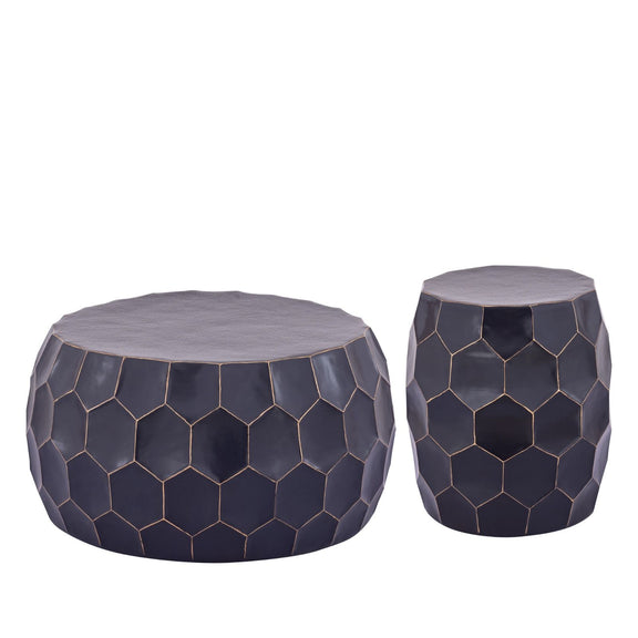 2-piece round ottoman table set, dark navy hex-pattern sides, gray top