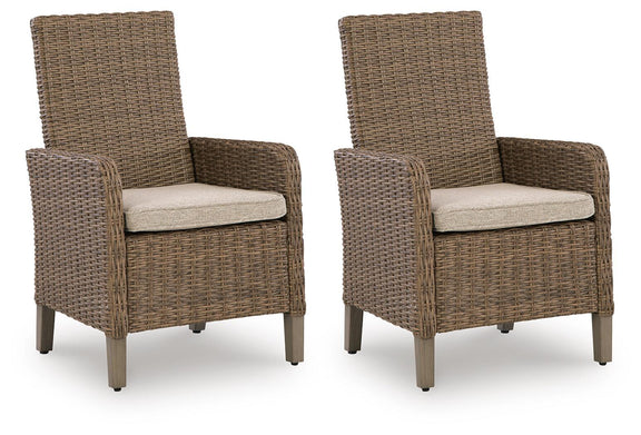 Set of 2 beige woven arm chairs with light cushions and tall backs