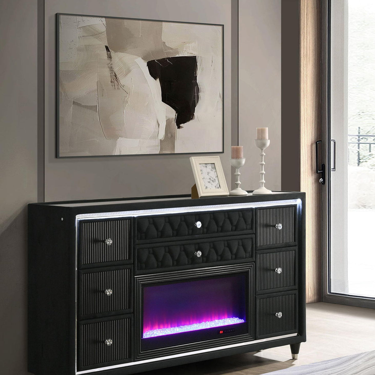 Lorient 8-drawer LED Bedroom Flame Box Dresser Black
