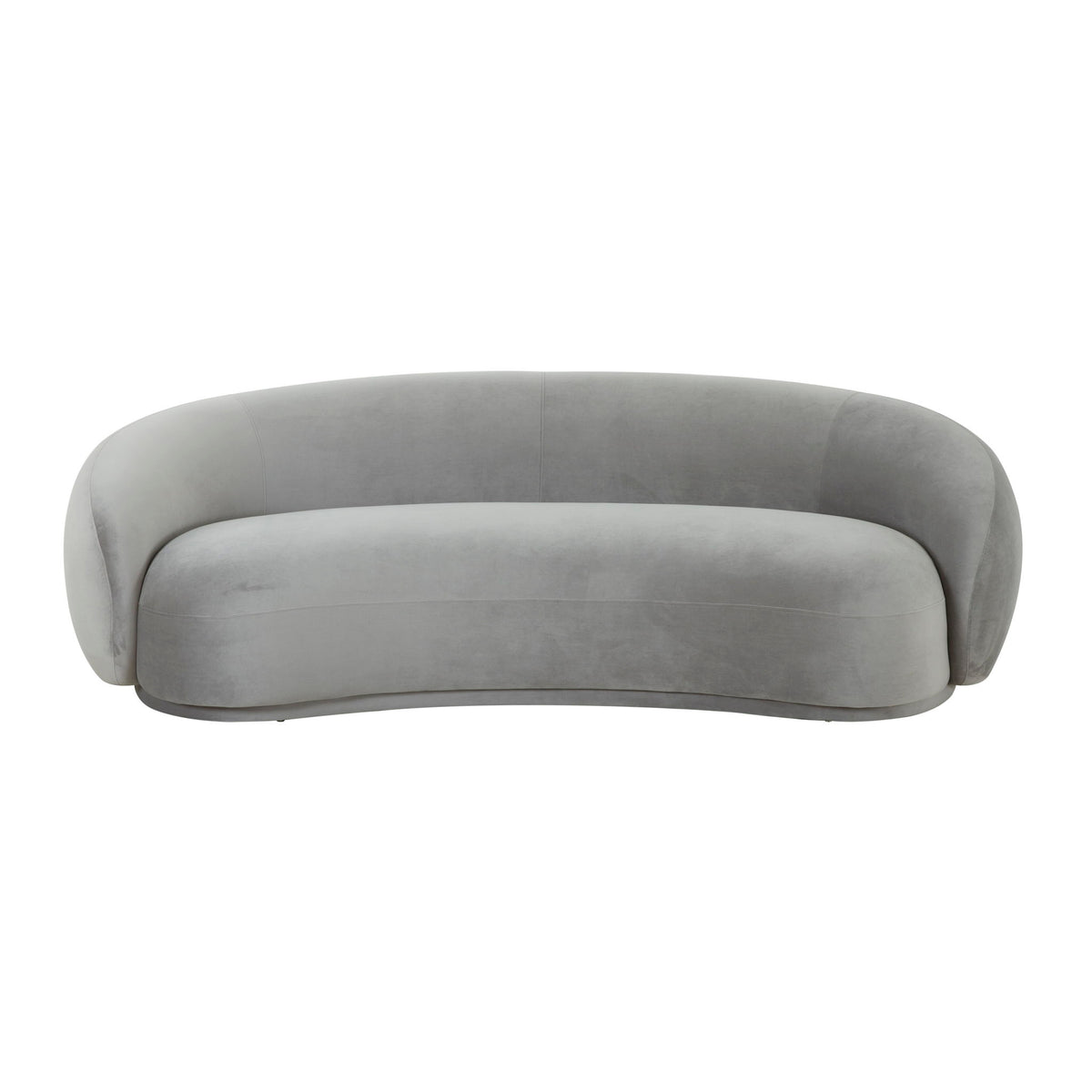 Gray velvet sofa with rounded back and low, curved silhouette