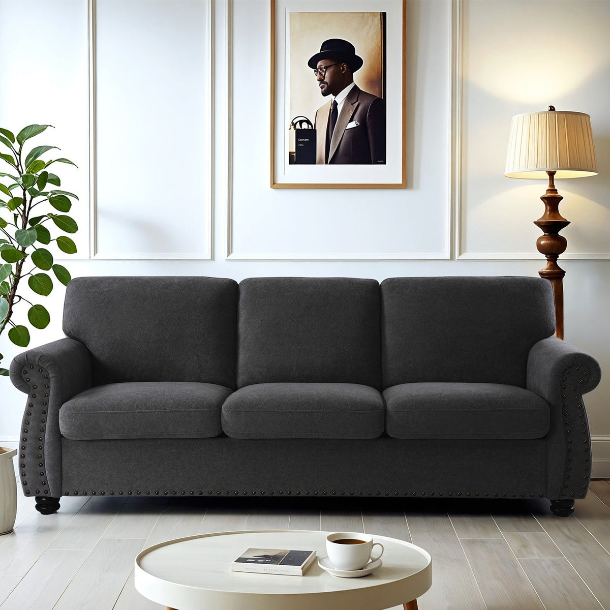 Soft Sofa, Upholstered 3 Seater Couch With High Density Foam, Loose Back Cushions And Turned Legs