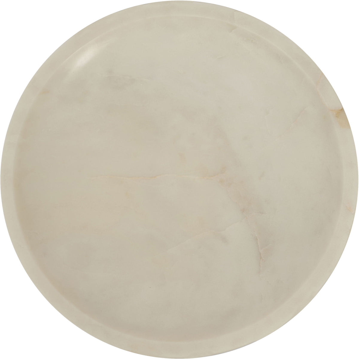 Beige marble bowl with shallow round basin and smooth pedestal base, top view