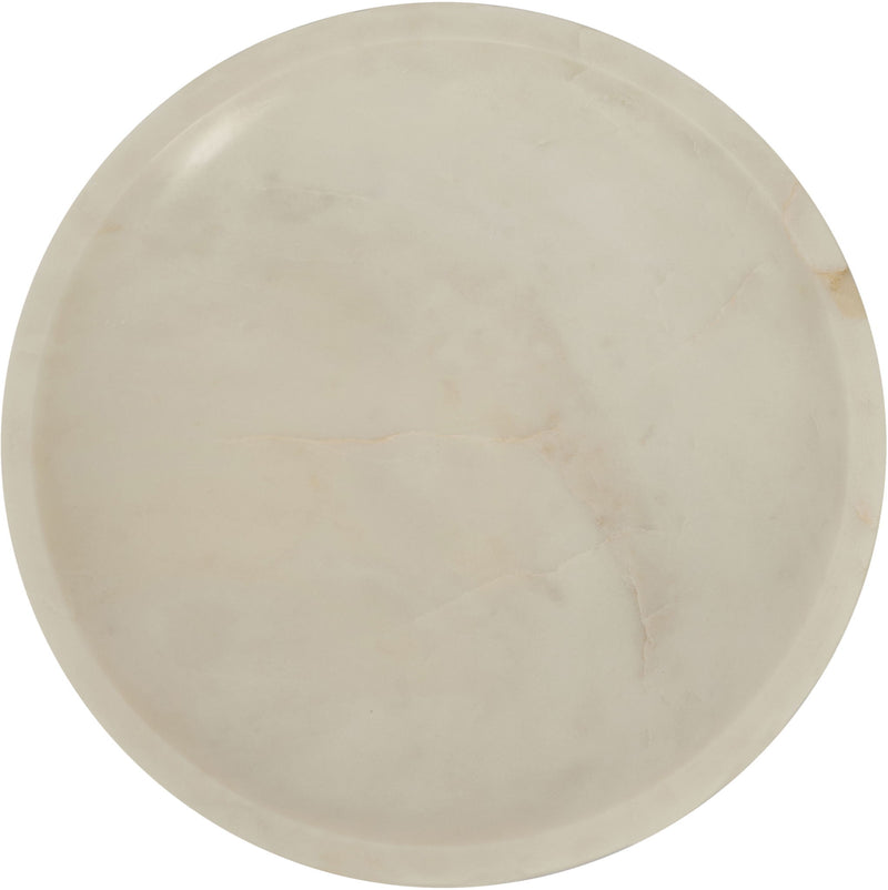 Beige marble bowl with shallow round basin and smooth pedestal base, top view