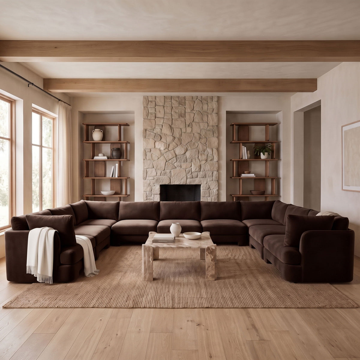 Dark brown velvet performance fabric 9-piece sectional sofa with corner chaise and padded arms