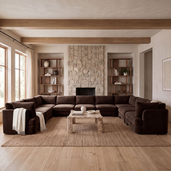 Dark brown velvet performance fabric 9-piece sectional sofa with corner chaise and padded arms