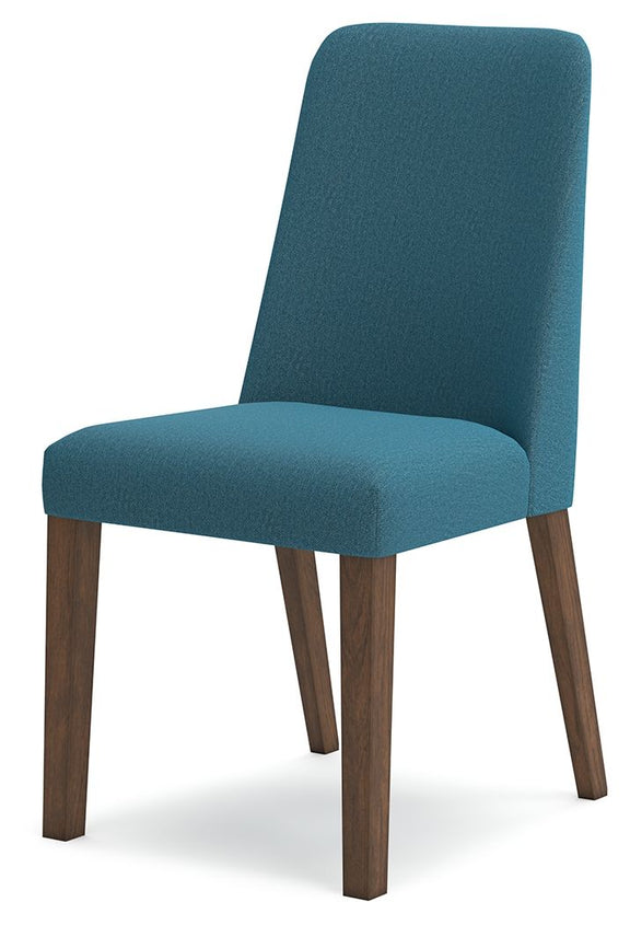 Dining upholstered side chair with blue upholstery and brown tapered legs, side view.