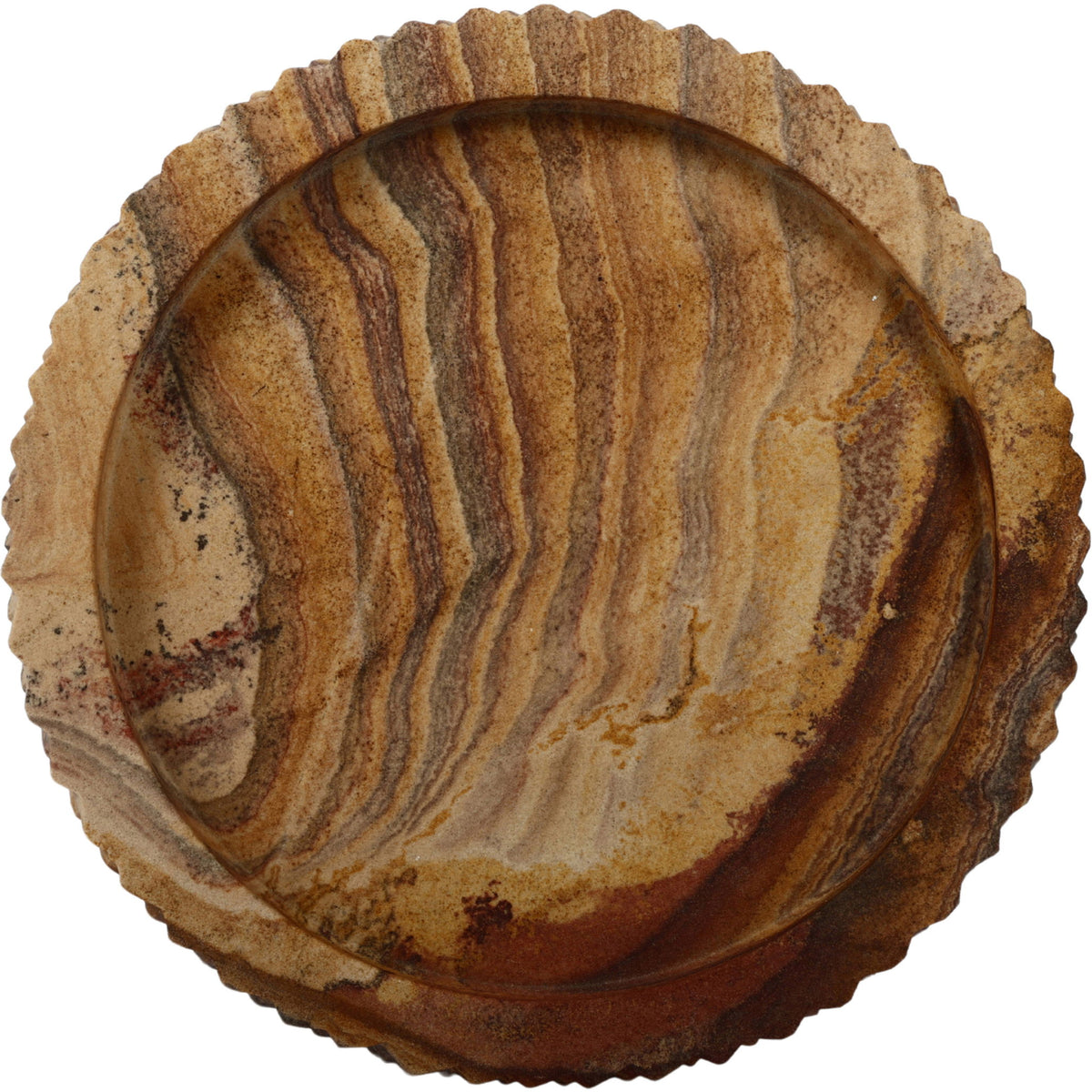 Sandstone round tray with sand interior, dark veining, and scalloped outer edge