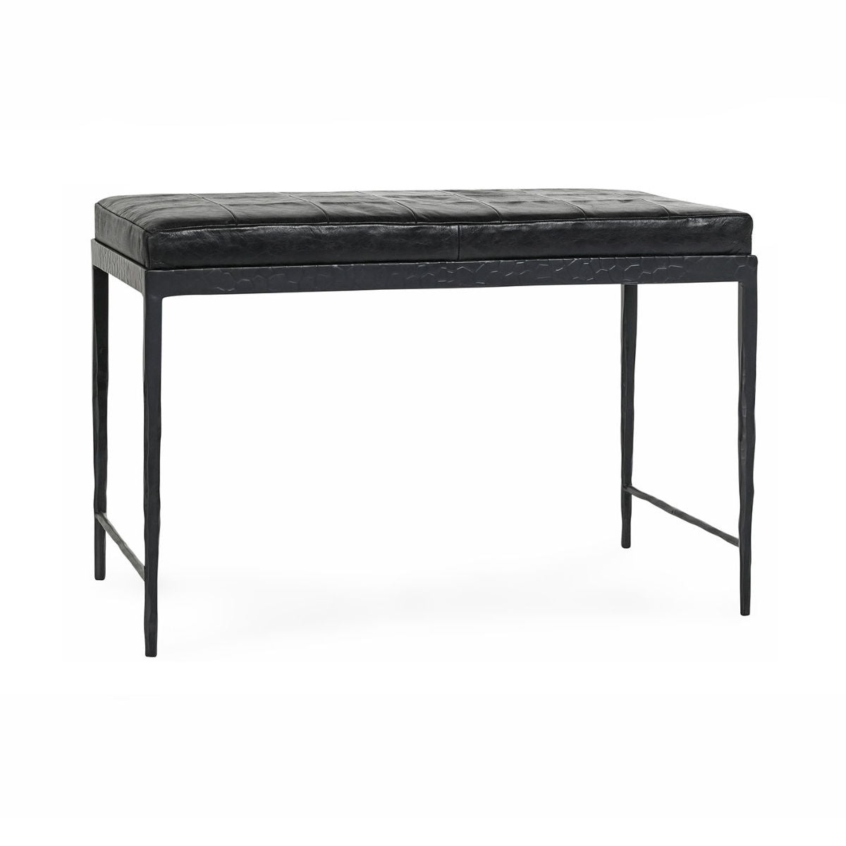 28-inch leather bench, dark charcoal stitched top and slim dark wood legs