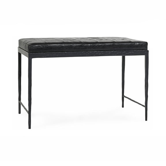 28-inch leather bench, dark charcoal stitched top and slim dark wood legs
