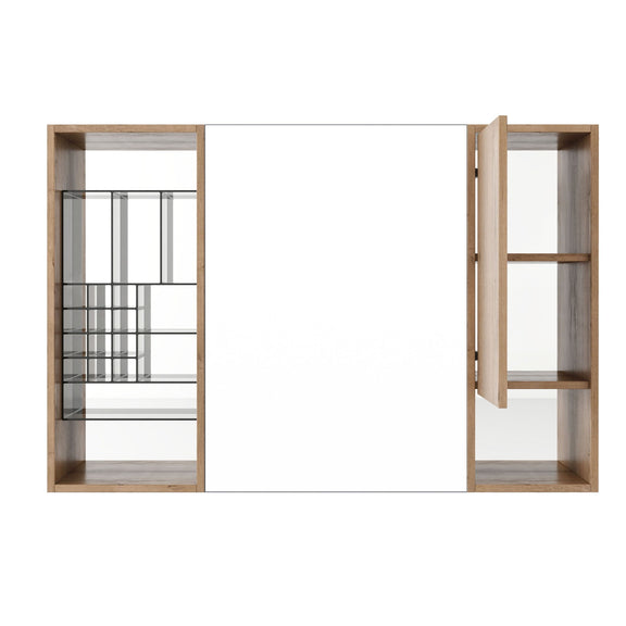 Wall-mounted bathroom mirror cabinet with adjustable shelves, imitative oak finish.