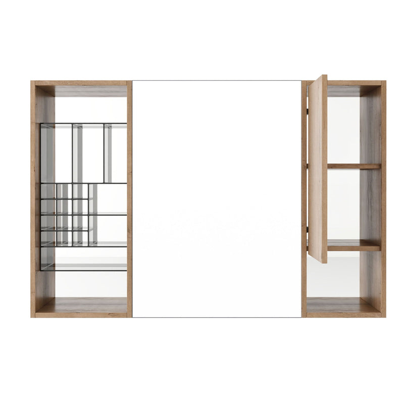 Wall-mounted bathroom mirror cabinet with adjustable shelves, imitative oak finish.