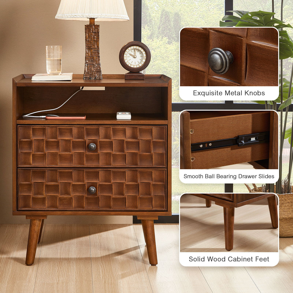Dark brown nightstand with drawer knob, ball-bearing slides, and solid wood feet details