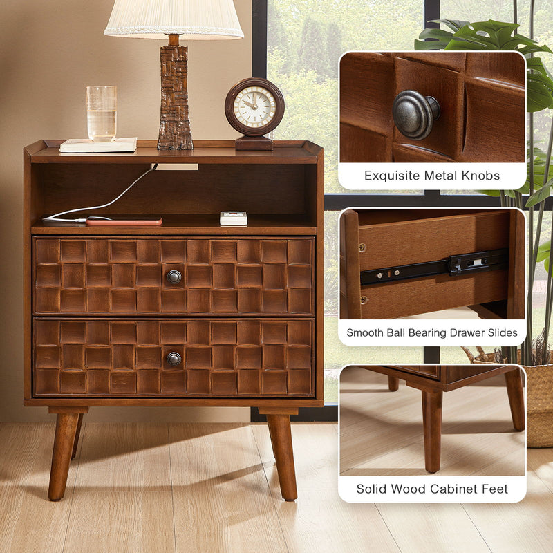 Dark brown nightstand with drawer knob, ball-bearing slides, and solid wood feet details