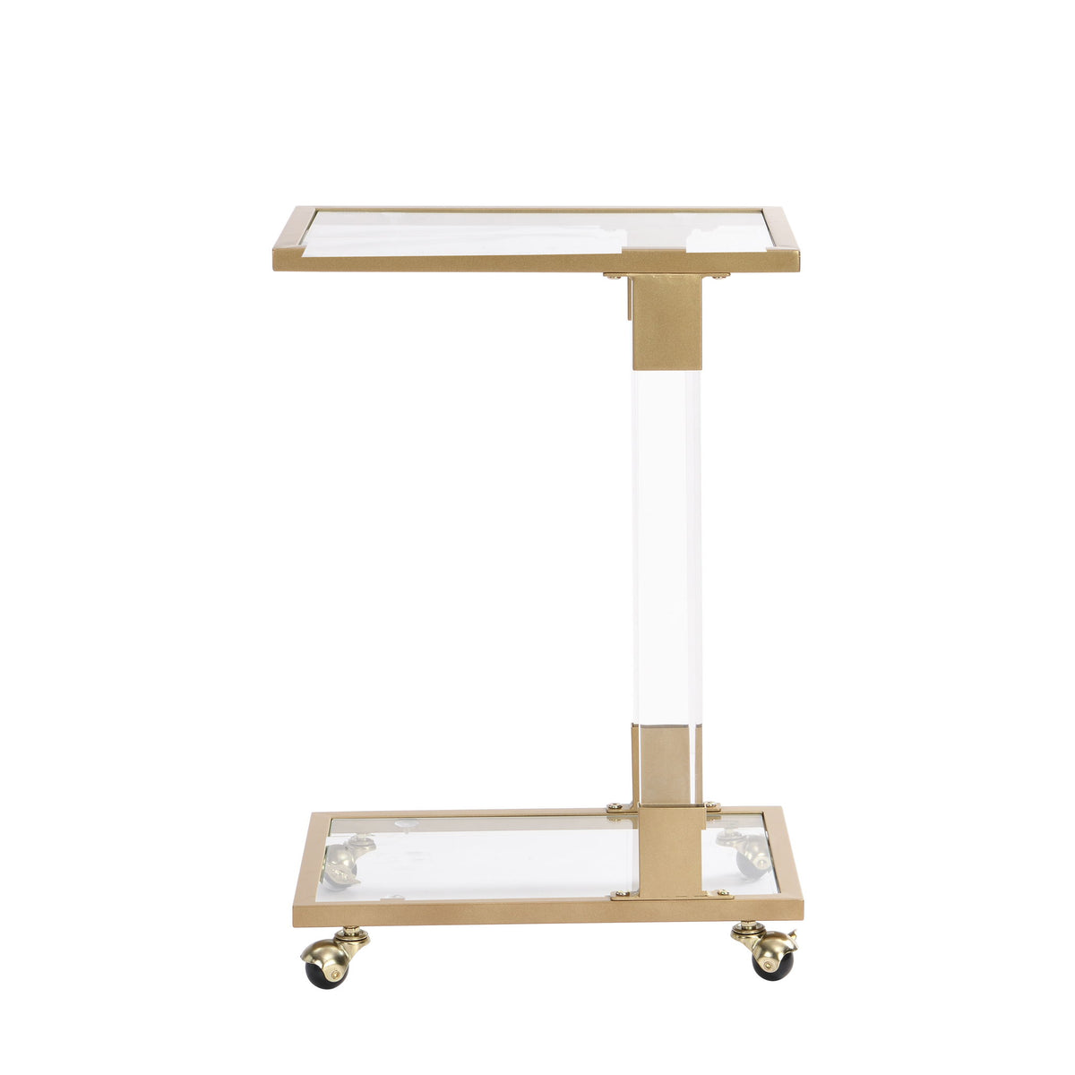 Gold glass-top C-shaped side table with square metal frame and caster wheels