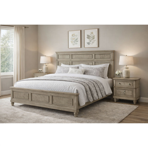 Gray upholstered-panel bed frame with low footboard and matching nightstand.
