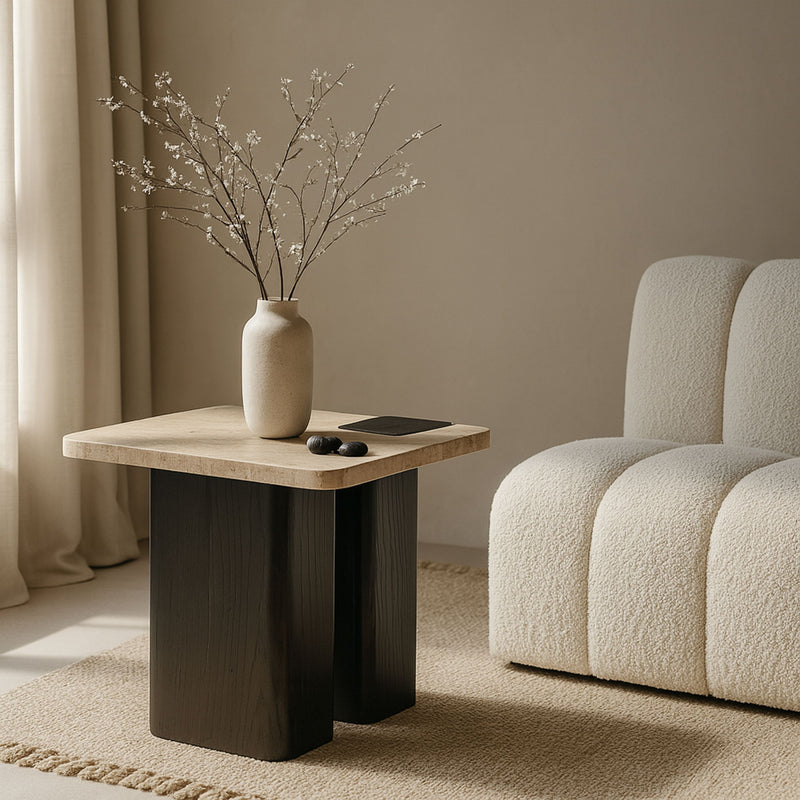 Ravenna - Genuine Travertine Top And Oak Wood Base Table