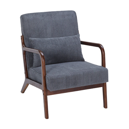 Mid-Century Modern Accent Chair with Pillow Upholstered in Antique Dark Grey Polyester and Solid Wood Frame, Antique Dark Grey