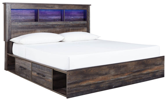 Panel bookcase bed with open-shelf headboard and two drawers, dark wood, white bedding