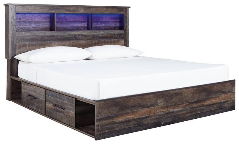 Panel bookcase bed with open-shelf headboard and two drawers, dark wood, white bedding