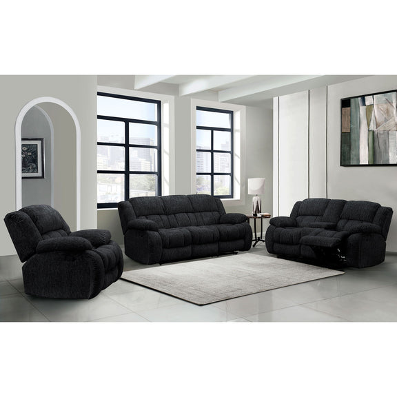 Black fabric glider recliner chairs arranged around a light rug.