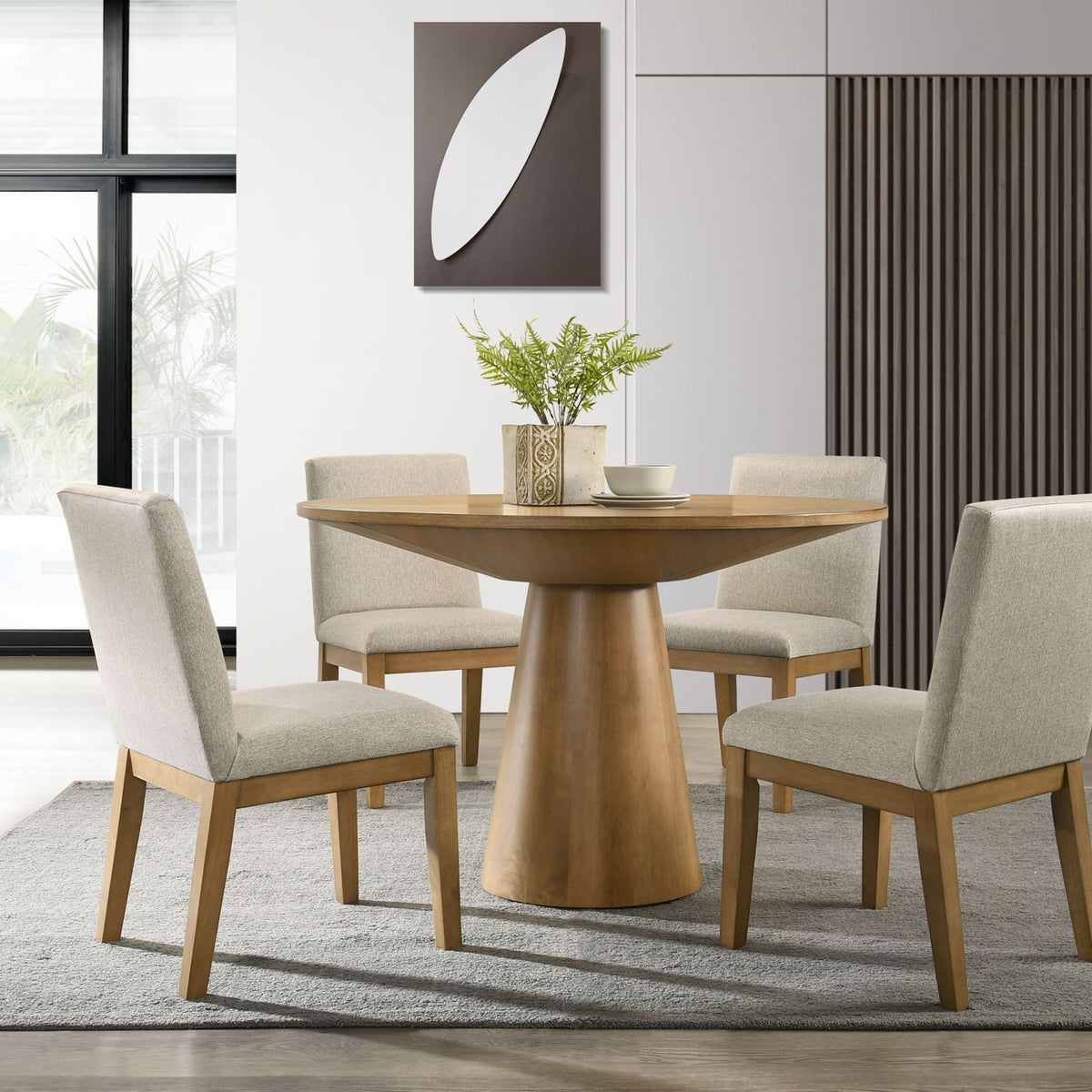 Jasper - Wide Contemporary Round Dining Table With Fabric Chairs Set
