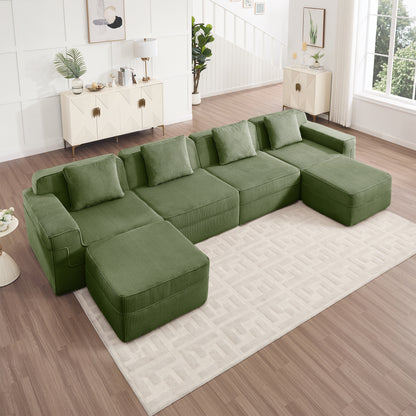 4-Seater Modular U-Shaped Corduroy Sectional Sofa - Green Corduroy