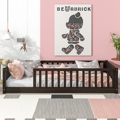 Twin Size Floor Bed with Fence without Door, Rubber Wood Floor Bed with Safety Guardrails, Espresso