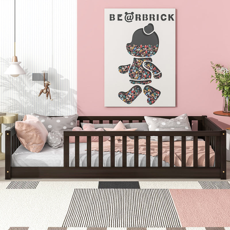 Twin Size Floor Bed with Fence without Door, Rubber Wood Floor Bed with Safety Guardrails, Espresso