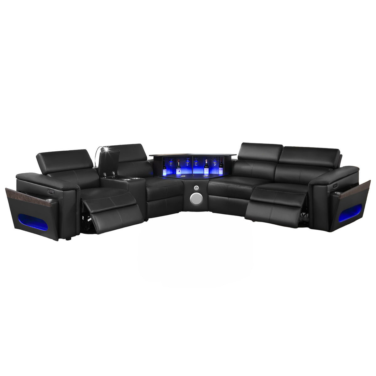 Black sectional sofa with blue LED control panel and side speaker grilles