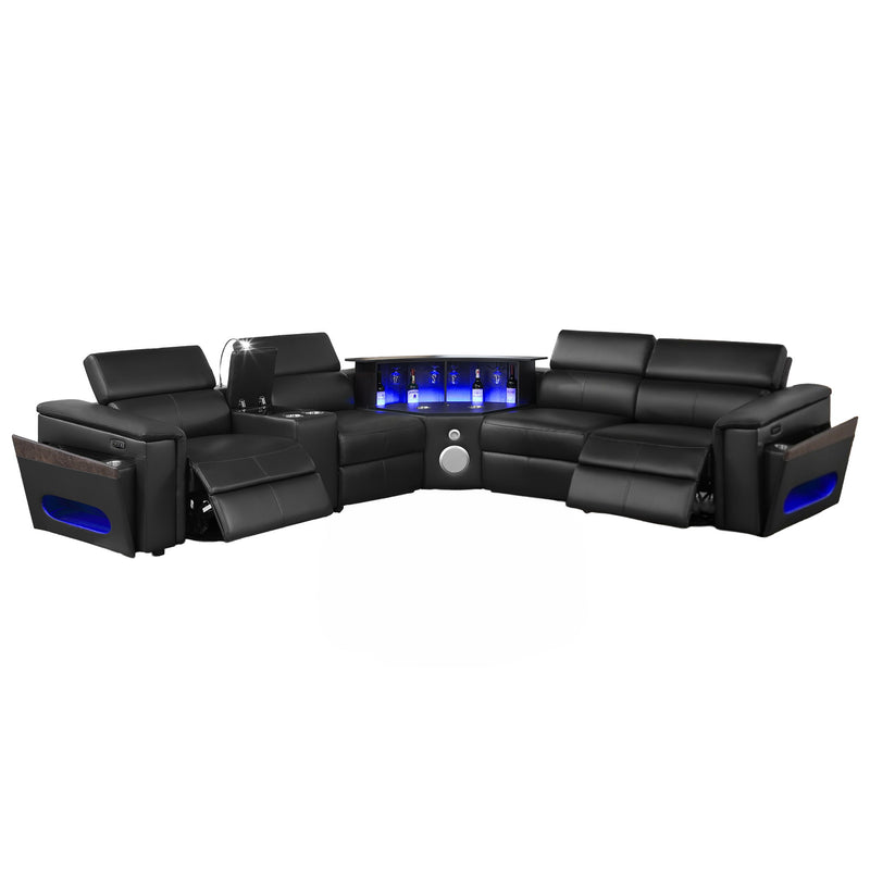 Black sectional sofa with blue LED control panel and side speaker grilles