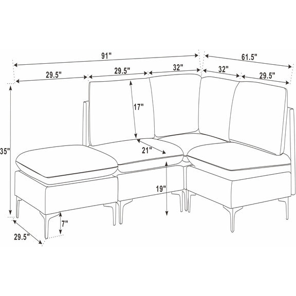 Upholstered modular sectional with tall legs and two ottomans, size diagram