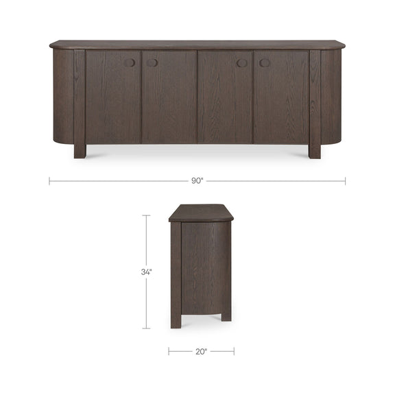 Dark brown sideboard with four doors; size 90 in wide, 34 in high, 20 in deep