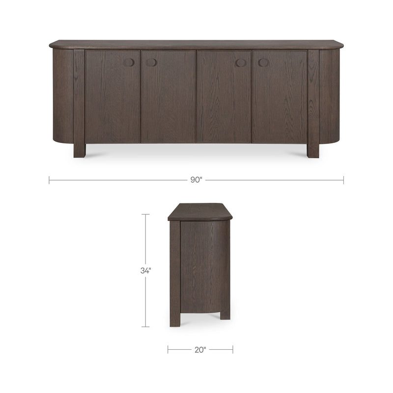 Dark brown sideboard with four doors; size 90 in wide, 34 in high, 20 in deep