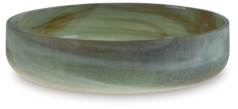 Sage green glass bowl with a wide shallow basin and smooth curved rim