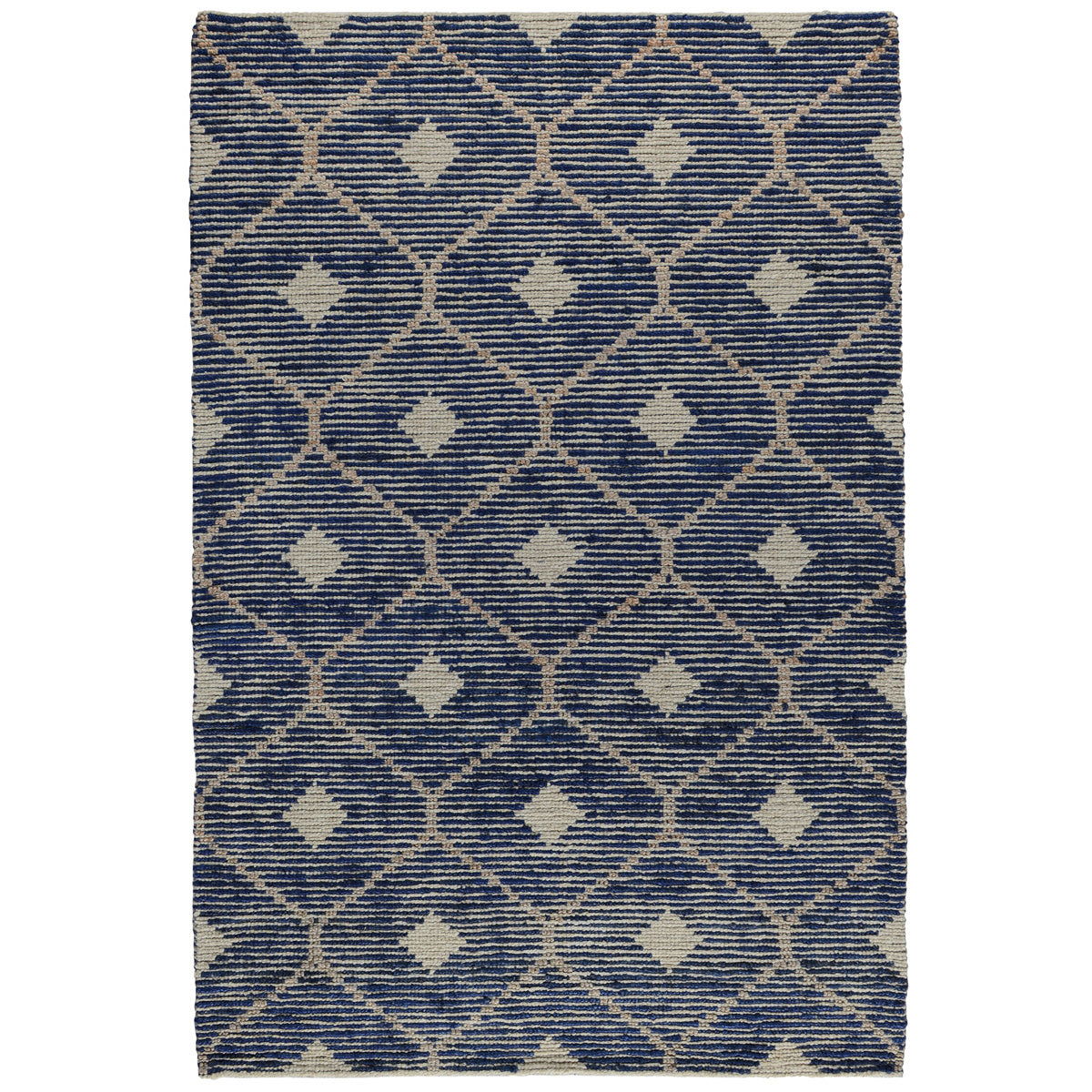 Indigo blue diamond-pattern area rug with repeating small motif details.