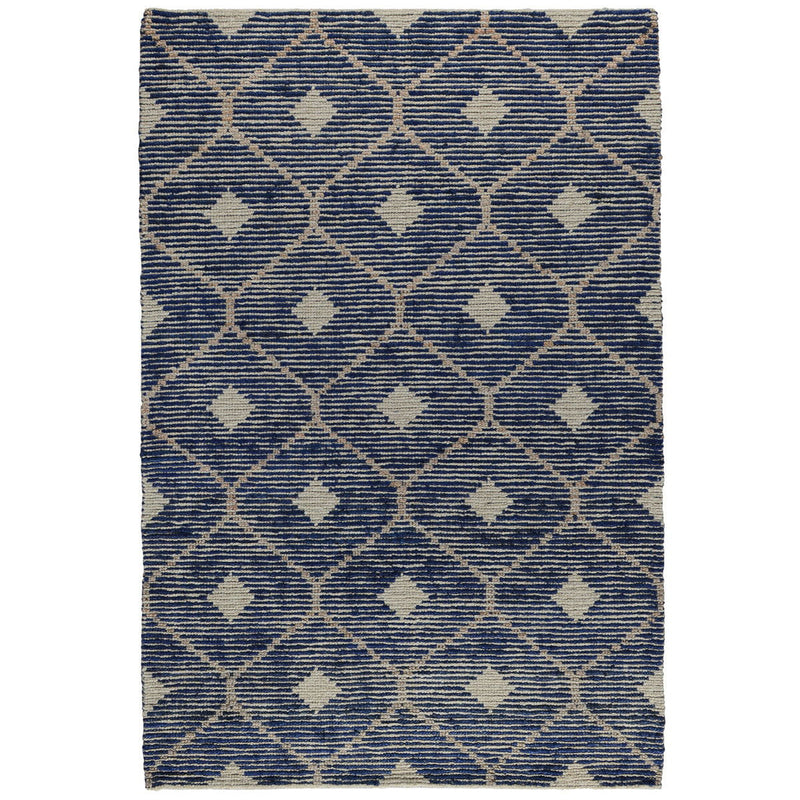 Indigo blue diamond-pattern area rug with repeating small motif details.