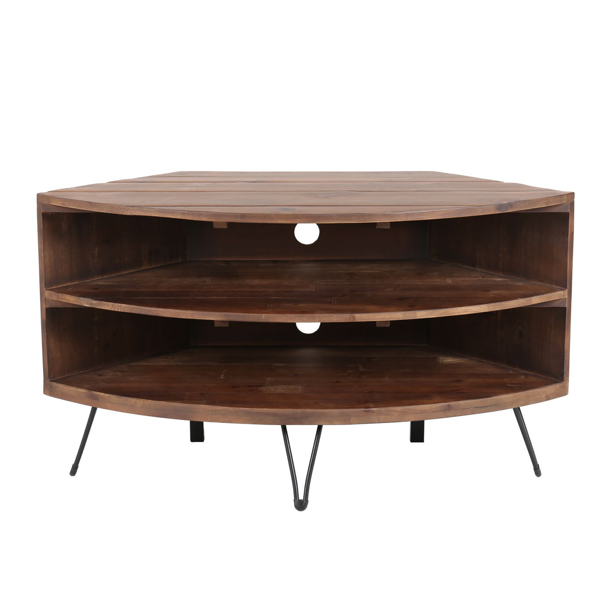 Fan Shape Reclaimed Wood Corner Media Table For Living Room Wise Use Your Space - Natural
